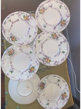 ITALY marked Floral Dessert Plate Set in Purple and Yellow – Old - S/6